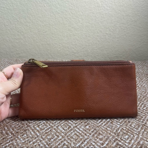 Fossil Lainie Brown Crossgrain Leather Organizer Credit Card Flap Snap Clutch - Picture 5 of 8